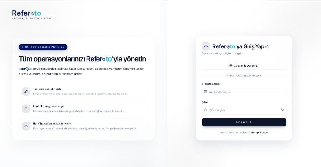 ReferOto giriş ekranı — oto servis yönetim platformu